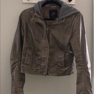 Tan Zipper pleather jacket: detachable hoodie